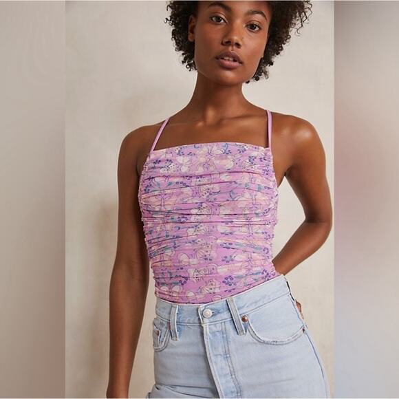 Free People Romantic Milkshake Mesh Butterfly Ruched Fairy Lace Up Boho Bodysuit - Picture 3 of 16